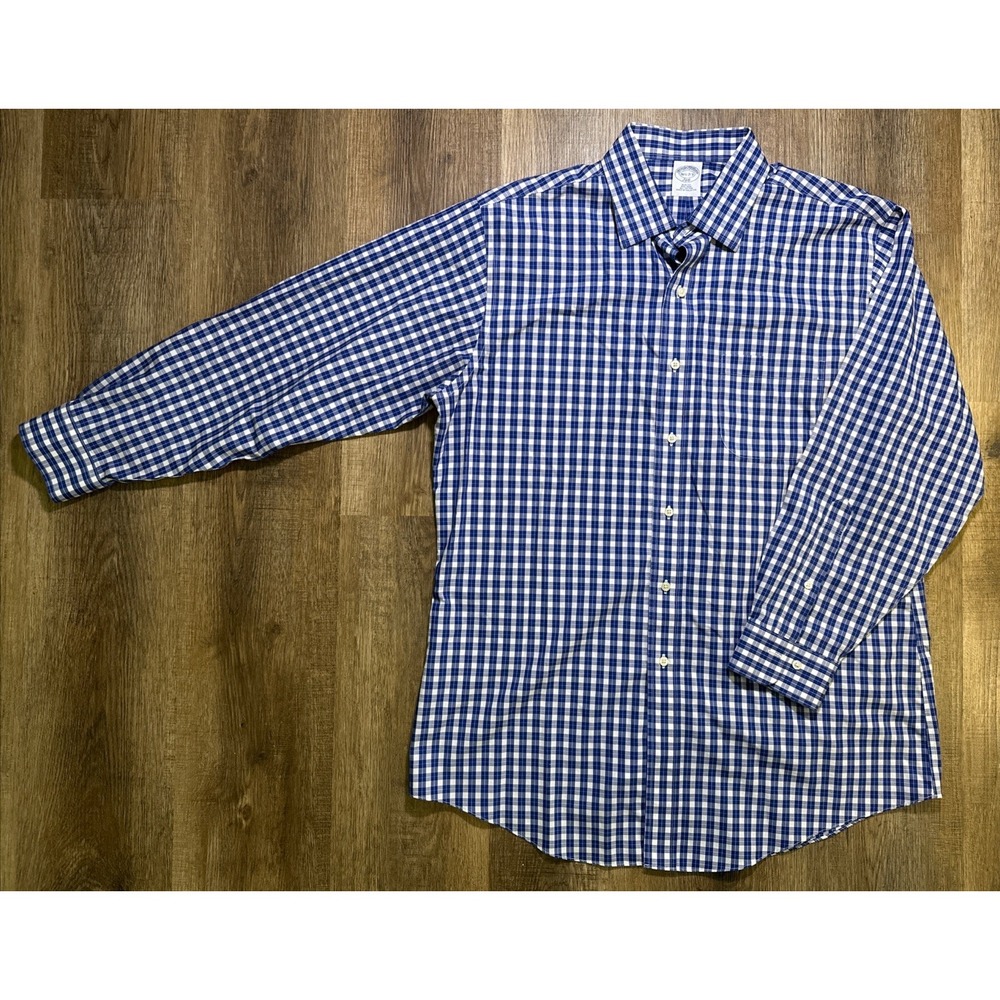 Brooks Brothers‎ 346 Shirt Mens L Button Down  Blue & White Plaid 16.5-2/3